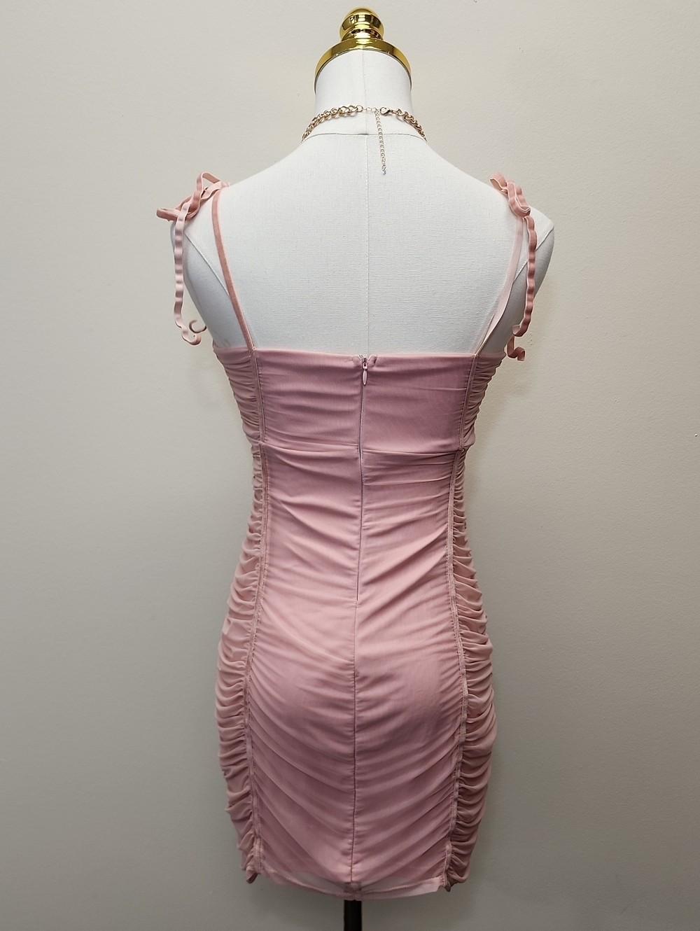 Blue Blush Pink Ruched Tie Shoulder Mini Dress Size Medium - Picture 3 of 11